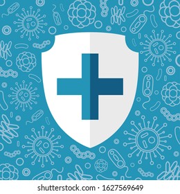 Virus protection. White shield for text on a blue background surrounded by viruses and bacteria. Vector illustration isolated for design and web.