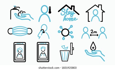 Paquete de conjunto de iconos relacionados con virus, paquete de iconos de estado. Protección, salud, enfermedades, íconos de virus, permanecer en casa, aislamiento, distancia social, lavarse las manos, lavarse la mano, quedarse en casa, video chat.