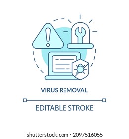 Virus removal turquoise concept icon. Delete malware. Type of repair abstract idea thin line illustration. Isolated outline drawing. Editable stroke. Roboto-Medium, Myriad Pro-Bold fonts used - Powered by Shutterstock - Get 15% off with code: PIKWIZARD15