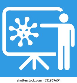 Virus Report vector icon. Style is flat symbol, white color, rounded angles, blue background.