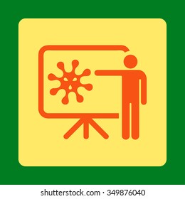 Virus Report vector icon. Style is flat rounded square button, orange and yellow colors, green background.
