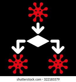 Virus Reproduction vector icon. Style is bicolor flat symbol, red and white colors, rounded angles, black background.