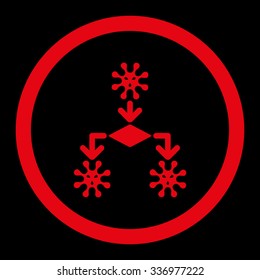 Virus Reproduction vector icon. Style is flat rounded symbol, red color, rounded angles, black background.