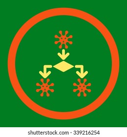 Virus Reproduction vector icon. Style is bicolor flat rounded symbol, orange and yellow colors, rounded angles, green background.