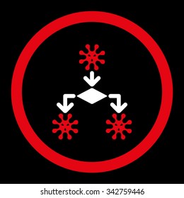Virus Reproduction vector icon. Style is bicolor flat rounded symbol, red and white colors, rounded angles, black background.