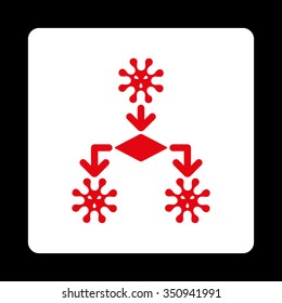 Virus Reproduction vector icon. Style is flat rounded square button, red and white colors, black background.