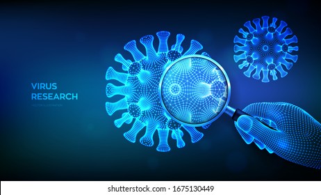 Virus research concept with magnifier in wireframe hand and abstract novel coronavirus bacteria. Magnifying glass and virus cell close up. Coronavirus 2019-nCov. COVID-19. 3D vector illustration.