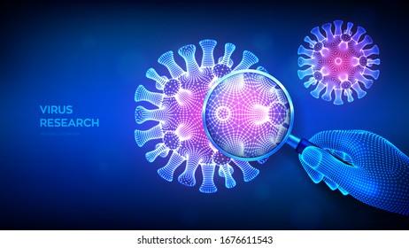 Virus research concept with magnifier in wireframe hand and abstract novel coronavirus bacteria. Magnifying glass and virus cell close up. Coronavirus 2019-nCov. COVID-19. 3D vector illustration.