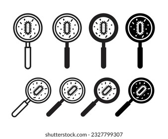 Virus research icon set. search virus, cancer cell, and skin tumor magnifier glass vector icons.