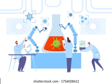 Virus research scientist laboratory, teamwork concept vector illustration. Medical worker conduct experiment on disease microbe, chemical reactions. Research for development vaccines, drugs.