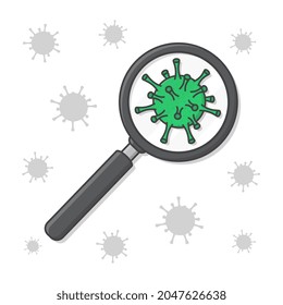 Virus Researching Under Magnifying Glass Vector Icon Illustration. Magnifier Over Coronavirus Molecule Flat Icon