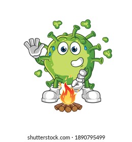 virus roasting marshmallows character. cartoon mascot vector