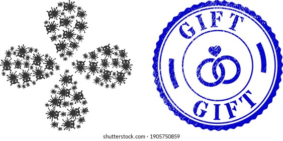 Virus robot curl flower shape, and blue round GIFT corroded stamp seal with icon inside. Element cluster designed from oriented virus robot items. Vector flower collage in flat style.