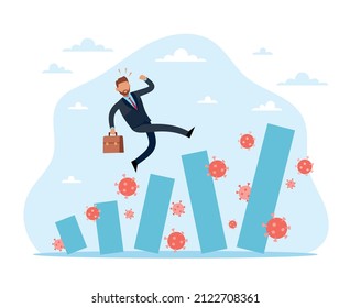 Virus ruins path to success. Covid-19 crisis in economic and life. Businessman running away from troubles and problems, dominoes falling, consequences of lockdown. Vector isolated concept