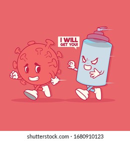 Virus running from hand sanitizer vector illustration. Disease, hygiene, medical design concept