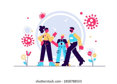 Virus safety recommendations concept, flat tiny family persons vector illustration. Corona virus COVID-19 outbreak threat prevention. Avoiding infection by home quarantine isolation. Global pandemic.