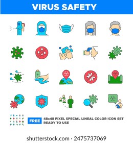 Virus Safety Related Simple Vector Line Icons. Contains such Icons as Protect virus, Washing Hands, Man and Woman Wearing Face Mask and more. Free 48x48 Pixel Ready To Use. 