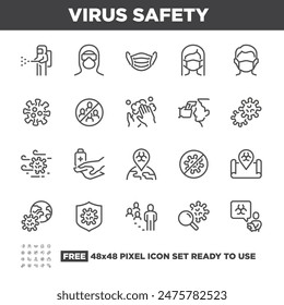 Virus Safety Related Simple Vector Line Icons. Contains such Icons as Protect virus, Washing Hands, Man and Woman Wearing Face Mask and more. Free 48x48 Pixel Ready To Use.