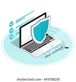 Virus Scan Computer Security Malware Laptop,computer Security Shield Guard Isometric Flat Vector