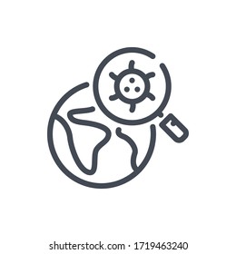 Icono de línea de análisis de virus. Planeta Tierra con signo de contorno del vector de ampliación y virus.