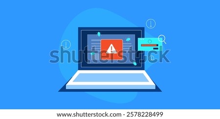 Virus scan on laptop screen, Antivirus software running scan, Scanning for computer viruses, Malware detection and removal - vector illustration background with icons