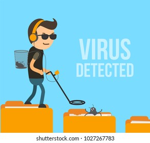 Virus scanning and detection in computer system. Antivirus hunter found the infection in folder vector illustration. 