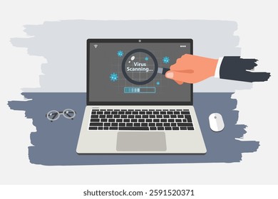 Virus scanning process on a laptop and hand holding a magnifying glass. Anti virus and bug protection technology concept. Vector illustration.