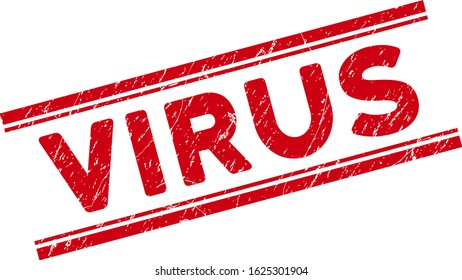 Virus seal. Red vector scratched seal with Virus phrase between double parallel lines. Designed for rubber imitations with corroded rubber style.