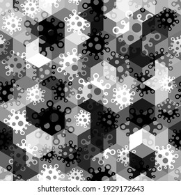 virus seamless pattern background. Coronavirus epidemic disease 2019-nCoV Protective ornament. Pandemic concept Soldier grayscale camouflage cool mask print texture
