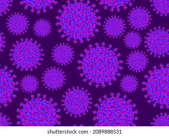 Virus Seamless Pattern Pixel Art. Coronavirus Cells In The Style Of 8-bit Graphics Of Retro Video Games From The 80s And 90s. Covid 2019 Is A Worldwide Pandemic. Vector Illustration