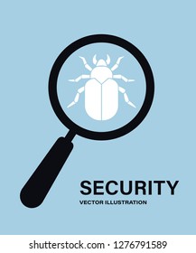 Virus search. Magnifying glass and virus bug simple solid icon. Virus search logo concept