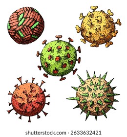 Conjunto de virus dibujado a mano. aletas de surf, cubierta de correa, boceto de Vector de virus de cola de nariz. ilustración a color aislada