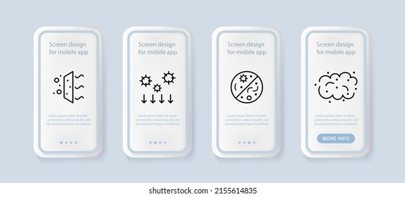 Virus set icon. Filtration, sanitation, bacterium, disease, coronavirus. Bug concept. UI phone app screens with people. Vector line icon for Business and Advertising