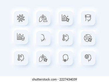 Virus set icon. Quarantine, protective mask, stay home, incidence statistics, covid, coronavirus, incubation period, vaccination, syringe, injection, medical history, computer. Healthcare. Neomorphism
