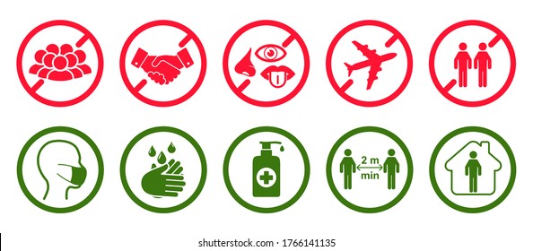 Сorona virus set infographic icons. Concept with protective safety measures and precautions warning signs antivirus icons related to coronavirus, 2019-nCoV, COVID-19 infection