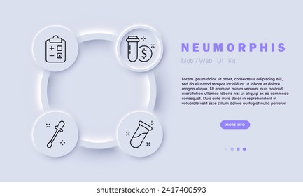 Virus set line icon. Immunity, molecule, magnifying glass, flask, tests. Neomorphism style. Vector line icon for business and advertising