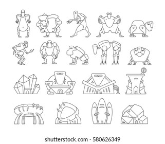 Virus set. Monsters or virus, houses and characters. Extraterrestrial beings