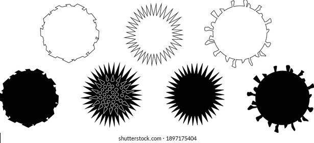 Virusset, Viruspartikel, Unterschrift. Vektorlineare Silhouettengrafik einzeln auf weißem Hintergrund