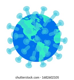 Virus shaped planet. Stylized globe with viral protein strands. The threat of infection of the planet with a coronavirus COVID-19. Isolated colored vector illustration in flat style.