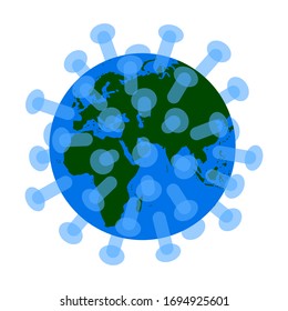 Virus-förmiger Planet. Stilisierter Globus mit viralen Proteinstränden. Die Gefahr einer Infektion des Planeten mit einem Coronavirus COVID-19. Einzige farbige Vektorillustration-Illustration im Flachstil.