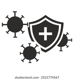 virus and shield icon, dangerous microbe, immune system, flat vector illustration on white background