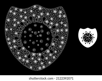 Icono de protección contra virus y modelo de protección contra virus de malla brillante con puntos iluminados. Modelo iluminado hecho con icono de vector de blindaje de virus y malla triangulada. Protector de virus de la canal iluminado,