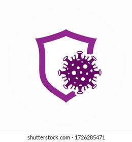 Virus And Shield Icon. Virus Protection, Protective Shield To Coronavirus. Medical Health Protection Shield. Healthcare Medicine Protected Boost Immunity Concept. Bacteria Protection Logo Vector.