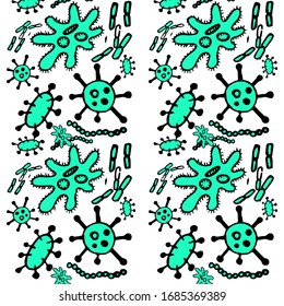 Virus Sick. Seamless Pattern. Dangerous Different Kinds of Viruses. Microorganism disease causing Molecular structure Backdrop. Disinfectant anti mold Background.  Bacteria Illustration.