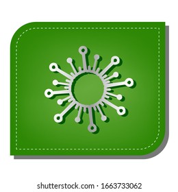 Virus sign illustration. Silver gradient line icon with dark green shadow at ecological patched green leaf. Illustration.