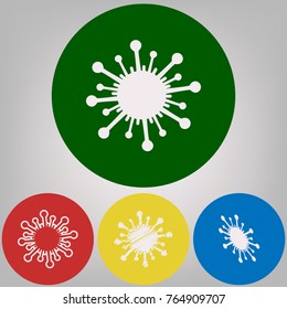 Virus sign illustration. Vector. 4 white styles of icon at 4 colored circles on light gray background.