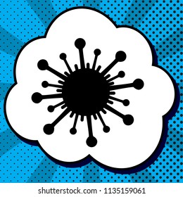 Virus sign illustration. Vector. Black icon in bubble on blue pop-art background with rays.