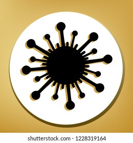 Virus sign illustration. Vector. Black icon with light brown shadow in white circle with shaped ring at golden background.
