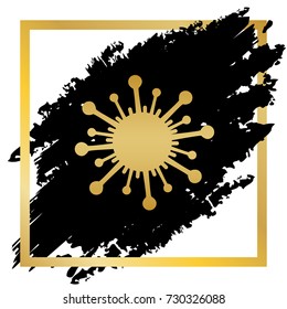 Virus sign illustration. Vector. Golden icon at black spot inside golden frame on white background.