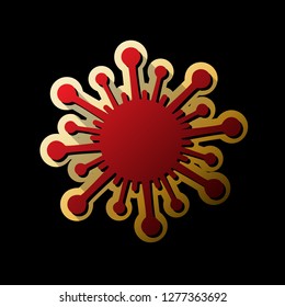 Virus sign illustration. Vector. Red icon with small black and limitless shadows at golden sticker on black background.